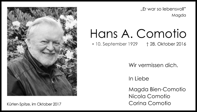  Traueranzeige für Hans  Comotio vom 28.10.2017 aus Kölner Stadt-Anzeiger / Kölnische Rundschau / Express