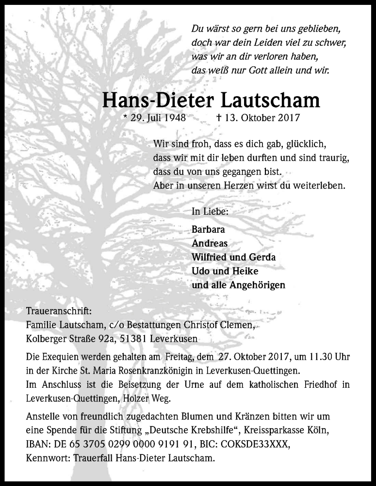  Traueranzeige für Hans-Dieter Lautscham vom 21.10.2017 aus Kölner Stadt-Anzeiger / Kölnische Rundschau / Express