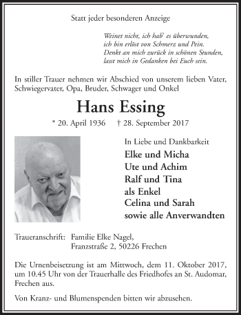 Anzeige von Hans Essing von  Sonntags-Post 