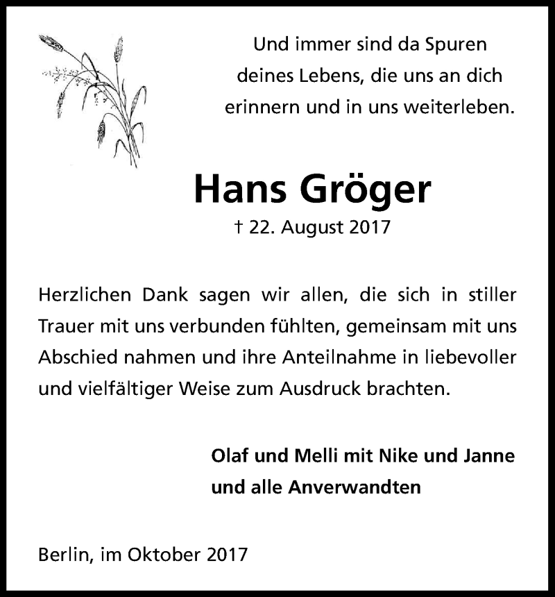  Traueranzeige für Hans Gröger vom 28.10.2017 aus Kölner Stadt-Anzeiger / Kölnische Rundschau / Express