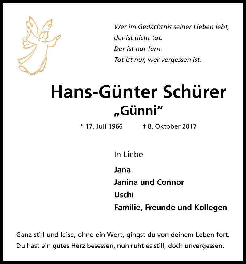  Traueranzeige für Hans-Günter Schürer vom 13.10.2017 aus Kölner Stadt-Anzeiger / Kölnische Rundschau / Express