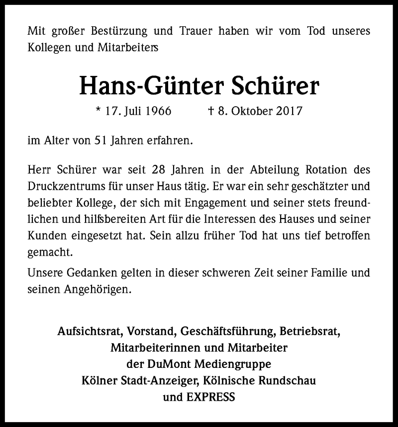  Traueranzeige für Hans-Günter Schürer vom 13.10.2017 aus Kölner Stadt-Anzeiger / Kölnische Rundschau / Express