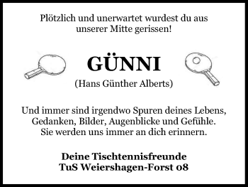 Anzeige von Hans-Günther Alberts von Kölner Stadt-Anzeiger / Kölnische Rundschau / Express