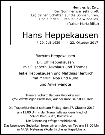 Anzeige von Hans Heppekausen von Kölner Stadt-Anzeiger / Kölnische Rundschau / Express