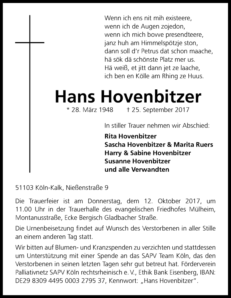 Traueranzeige für Hans Hovenbitzer vom 07.10.2017 aus Kölner Stadt-Anzeiger / Kölnische Rundschau / Express