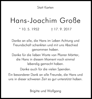 Anzeige von Hans-Joachim Große von Kölner Stadt-Anzeiger / Kölnische Rundschau / Express