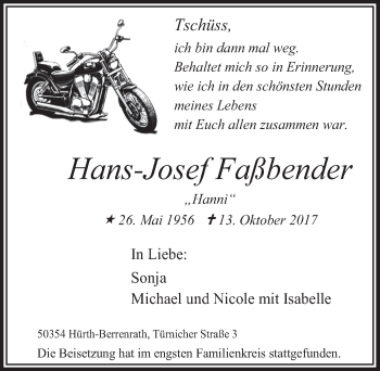 Anzeige von Hans-Josef Faßbender von  Sonntags-Post 