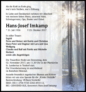 Anzeige von Hans-Josef Imkamp von Kölner Stadt-Anzeiger / Kölnische Rundschau / Express