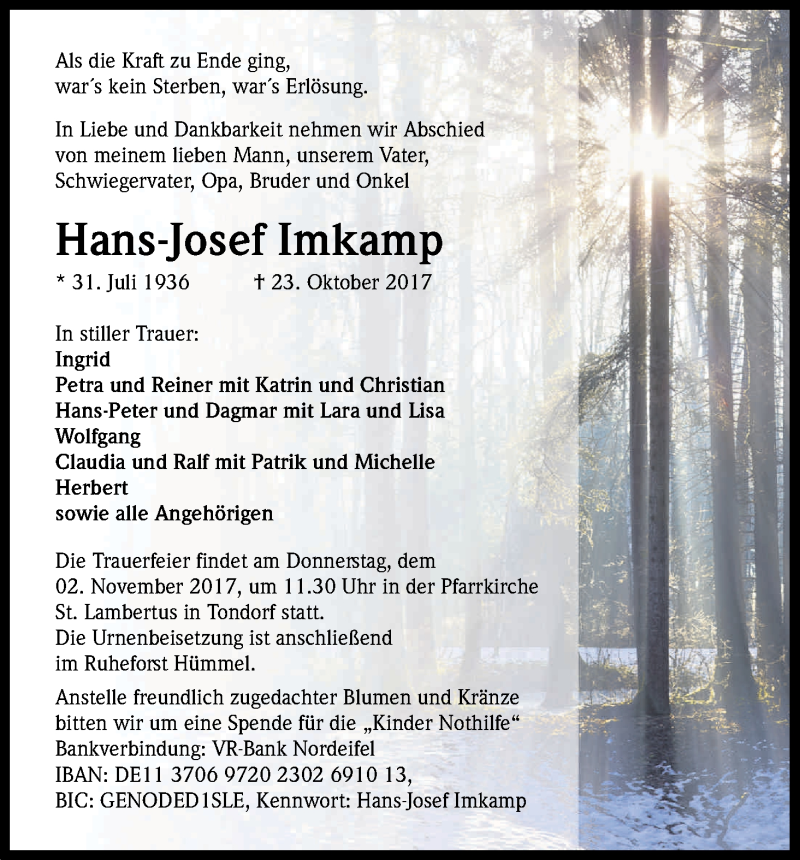  Traueranzeige für Hans-Josef Imkamp vom 26.10.2017 aus Kölner Stadt-Anzeiger / Kölnische Rundschau / Express