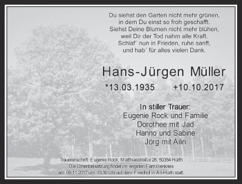 Anzeige von Hans-Jürgen Müller von  Wochenende 