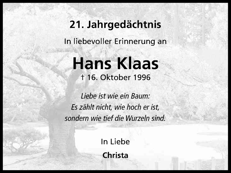 Traueranzeige für Hans Klaas vom 18.07.2023 aus Kölner Stadt-Anzeiger / Kölnische Rundschau / Express