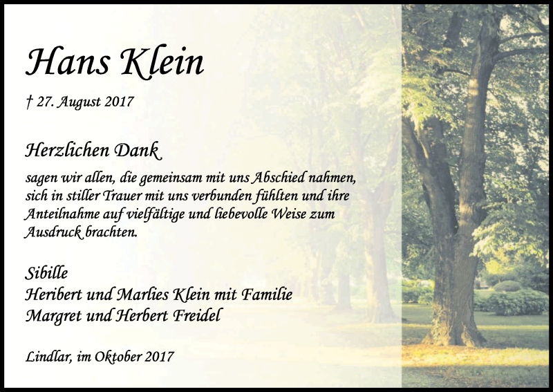  Traueranzeige für Hans Klein vom 07.10.2017 aus Kölner Stadt-Anzeiger / Kölnische Rundschau / Express