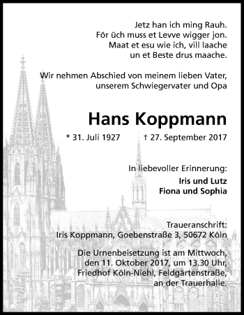 Anzeige von Hans Koppmann von Kölner Stadt-Anzeiger / Kölnische Rundschau / Express