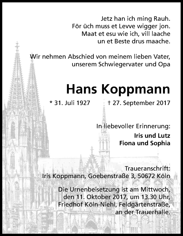  Traueranzeige für Hans Koppmann vom 07.10.2017 aus Kölner Stadt-Anzeiger / Kölnische Rundschau / Express