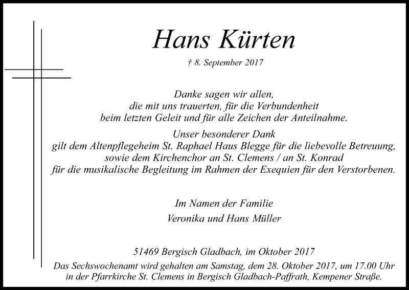  Traueranzeige für Hans Kürten vom 21.10.2017 aus Kölner Stadt-Anzeiger / Kölnische Rundschau / Express