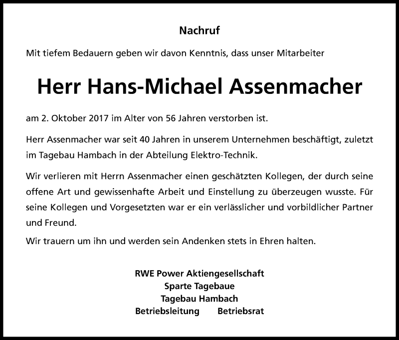  Traueranzeige für Hans-Michael Assenmacher vom 20.10.2017 aus Kölner Stadt-Anzeiger / Kölnische Rundschau / Express