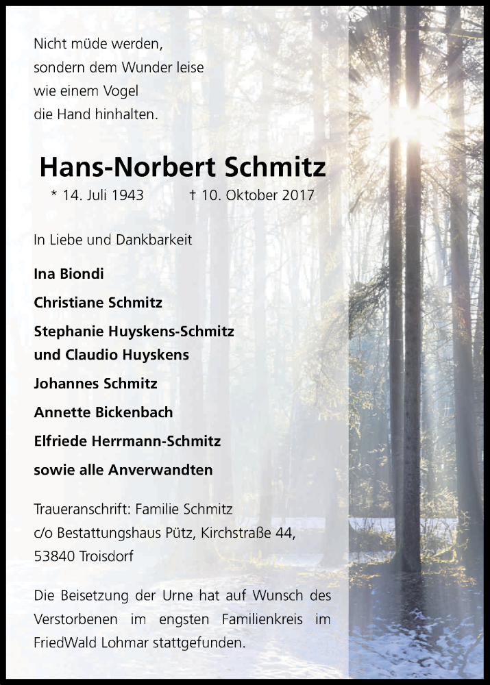  Traueranzeige für Hans-Norbert Schmitz vom 21.10.2017 aus Kölner Stadt-Anzeiger / Kölnische Rundschau / Express