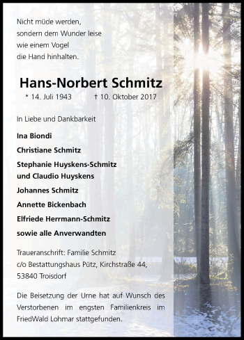 Anzeige von Hans-Norbert Schmitz von Kölner Stadt-Anzeiger / Kölnische Rundschau / Express