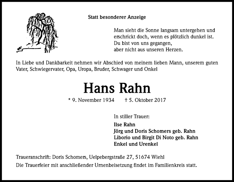  Traueranzeige für Hans Rahn vom 10.10.2017 aus Kölner Stadt-Anzeiger / Kölnische Rundschau / Express