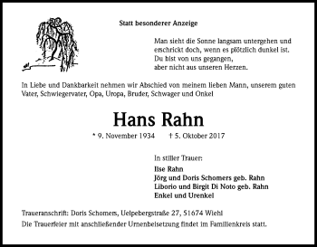 Anzeige von Hans Rahn von Kölner Stadt-Anzeiger / Kölnische Rundschau / Express
