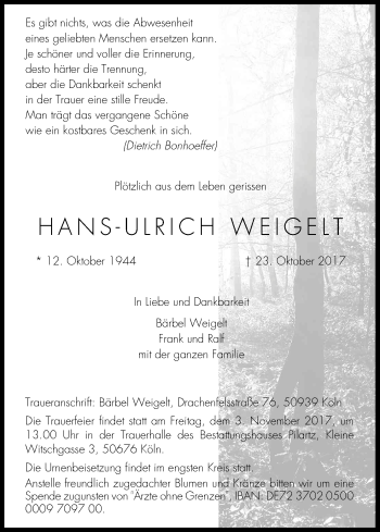 Anzeige von Hans-Ulrich Weigelt von Kölner Stadt-Anzeiger / Kölnische Rundschau / Express