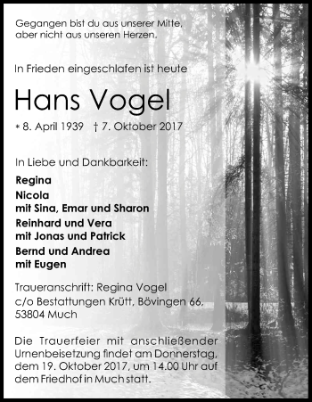 Anzeige von Hans Vogel von Kölner Stadt-Anzeiger / Kölnische Rundschau / Express