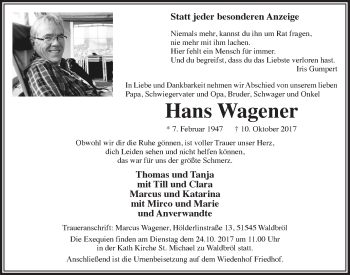 Anzeige von Hans Wagener von  Lokalanzeiger 