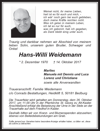 Anzeige von Hans-Willi Weidemann von  Werbepost 