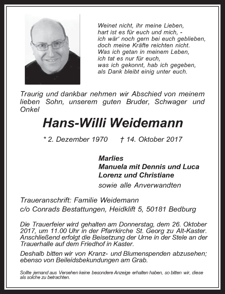  Traueranzeige für Hans-Willi Weidemann vom 25.10.2017 aus  Werbepost 