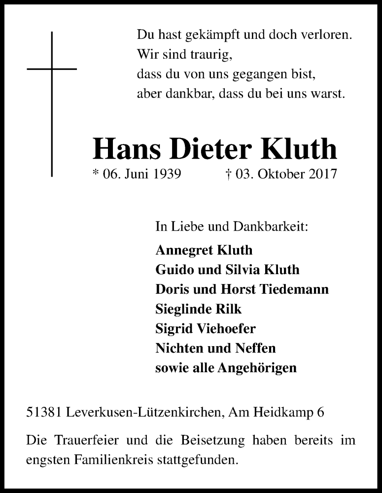  Traueranzeige für Hans Dieter Kluth vom 21.10.2017 aus Kölner Stadt-Anzeiger / Kölnische Rundschau / Express