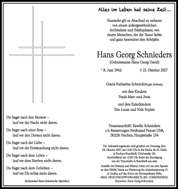 Anzeige von Hans Georg Schnieders von Kölner Stadt-Anzeiger / Kölnische Rundschau / Express