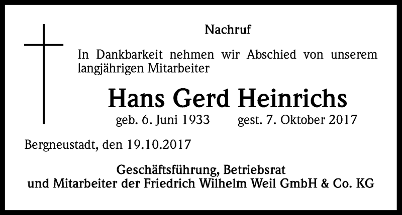  Traueranzeige für Hans Gerd Heinrichs vom 19.10.2017 aus Kölner Stadt-Anzeiger / Kölnische Rundschau / Express