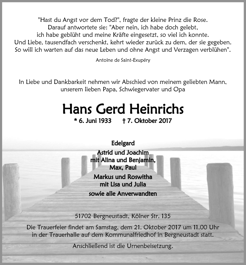  Traueranzeige für Hans Gerd Heinrichs vom 18.10.2017 aus  Anzeigen Echo 