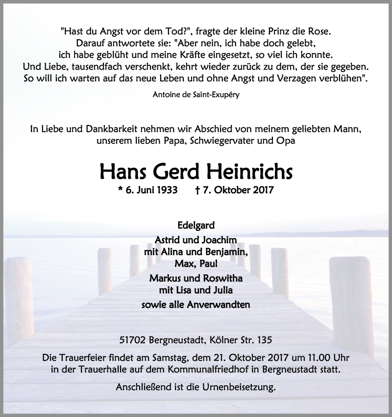  Traueranzeige für Hans Gerd Heinrichs vom 16.10.2017 aus Kölner Stadt-Anzeiger / Kölnische Rundschau / Express