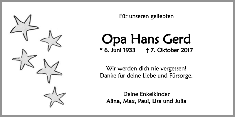  Traueranzeige für Hans Gerd Heinrichs vom 16.10.2017 aus Kölner Stadt-Anzeiger / Kölnische Rundschau / Express