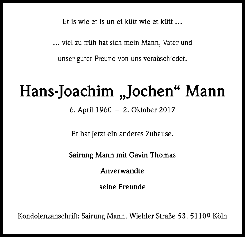  Traueranzeige für Hans Joachim Mann vom 07.10.2017 aus Kölner Stadt-Anzeiger / Kölnische Rundschau / Express
