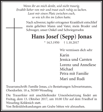 Anzeige von Hans Josef Jonas von  Kölner Wochenspiegel  Schlossbote/Werbekurier 
