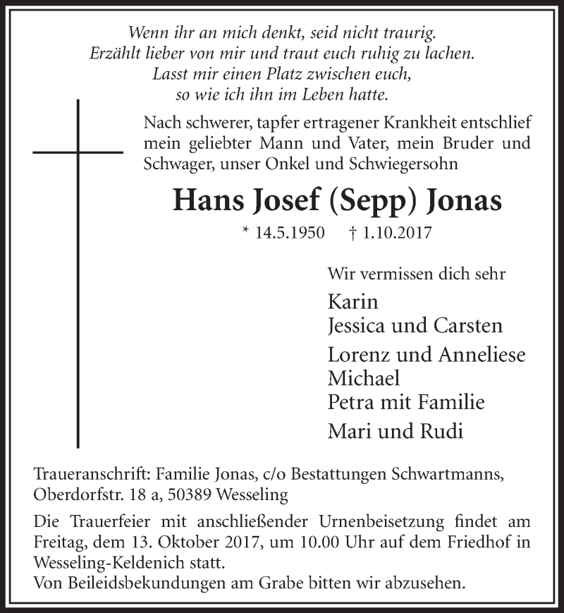  Traueranzeige für Hans Josef Jonas vom 11.10.2017 aus  Kölner Wochenspiegel  Schlossbote/Werbekurier 