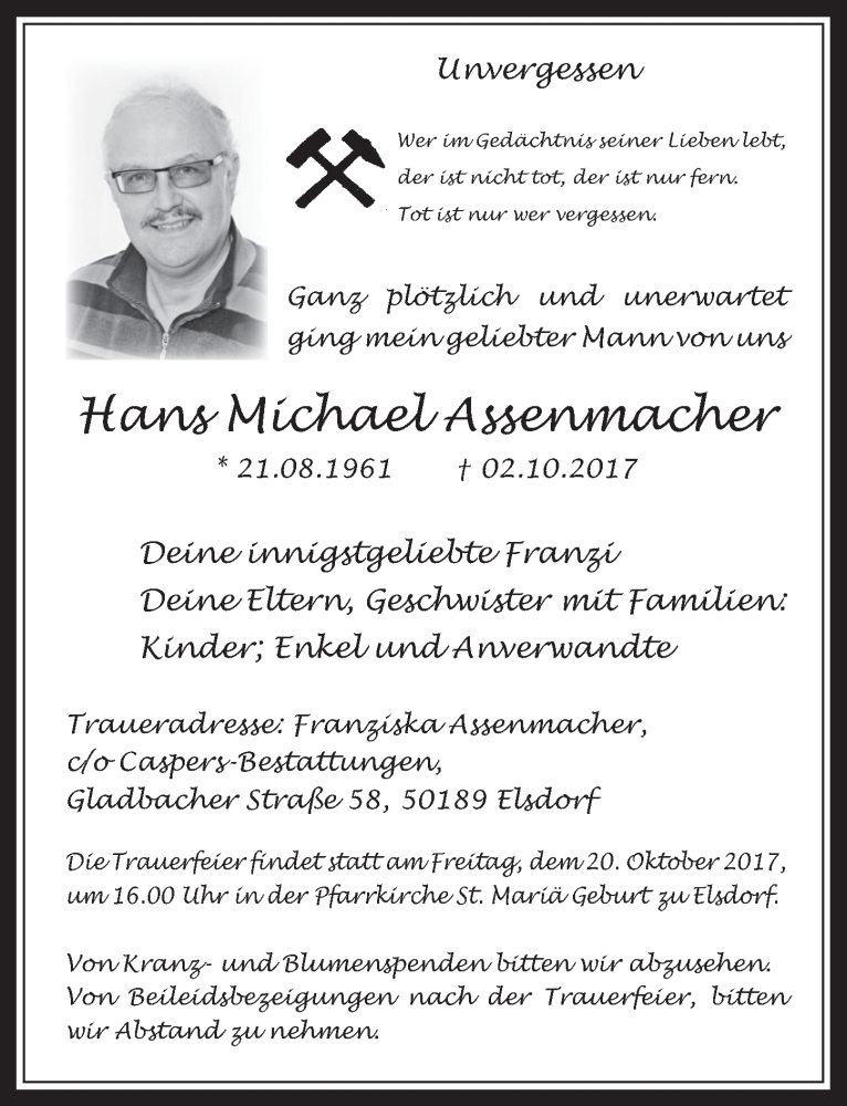  Traueranzeige für Hans Michael Assenmacher vom 18.10.2017 aus  Werbepost 