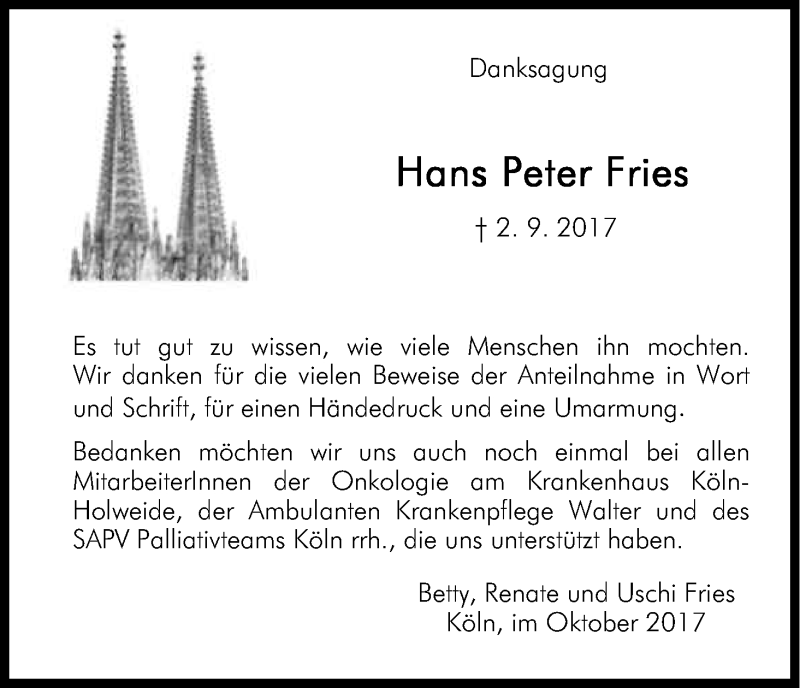  Traueranzeige für Hans Peter Fries vom 21.10.2017 aus Kölner Stadt-Anzeiger / Kölnische Rundschau / Express