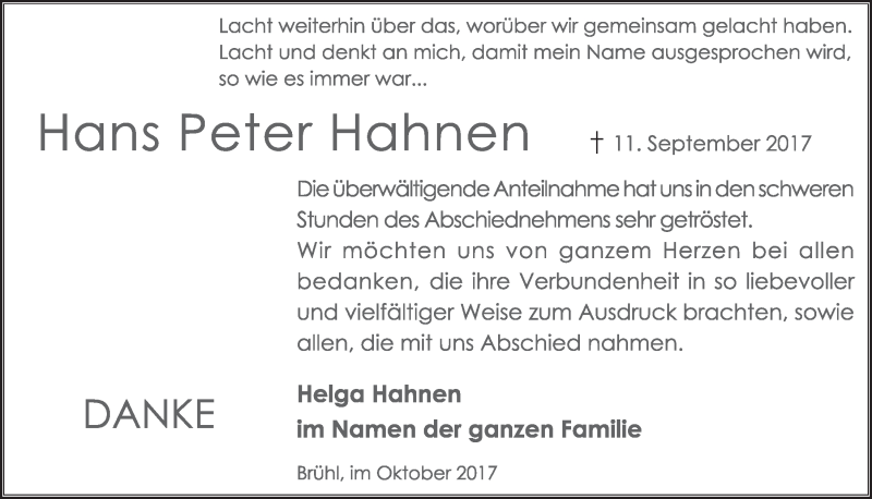  Traueranzeige für Hans Peter Hahnen vom 11.10.2017 aus  Schlossbote/Werbekurier 
