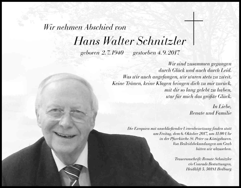  Traueranzeige für Hans Walter Schnitzler vom 02.10.2017 aus Kölner Stadt-Anzeiger / Kölnische Rundschau / Express