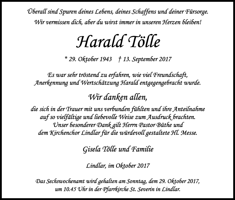  Traueranzeige für Harald Tölle vom 21.10.2017 aus Kölner Stadt-Anzeiger / Kölnische Rundschau / Express