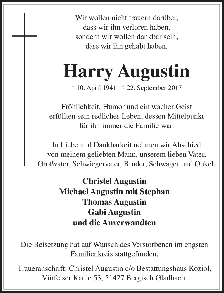  Traueranzeige für Harry Augustin vom 11.10.2017 aus  Bergisches Handelsblatt 