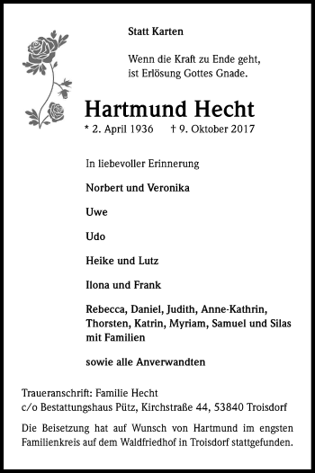 Anzeige von Hartmund Hecht von Kölner Stadt-Anzeiger / Kölnische Rundschau / Express