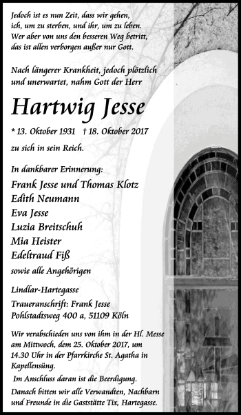 Anzeige von Hartwig Jesse von Kölner Stadt-Anzeiger / Kölnische Rundschau / Express