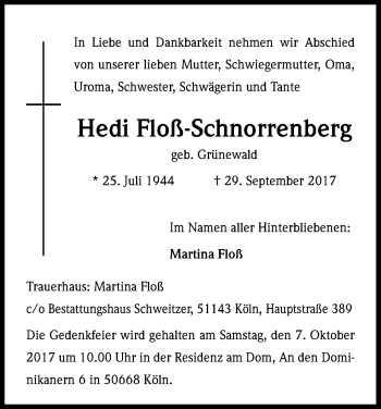 Anzeige von Hedi Floß-Schnorrenberg von Kölner Stadt-Anzeiger / Kölnische Rundschau / Express
