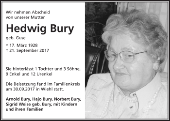 Anzeige von Hedwig Bury von  Anzeigen Echo 