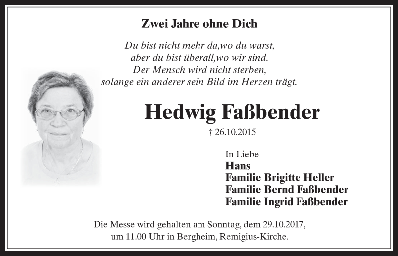  Traueranzeige für Hedwig Faßbender vom 25.10.2017 aus  Werbepost 