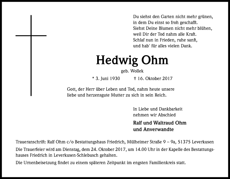  Traueranzeige für Hedwig Ohm vom 21.10.2017 aus Kölner Stadt-Anzeiger / Kölnische Rundschau / Express